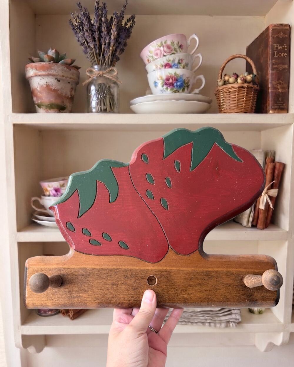 Vintage 80's Handpainted Wood Strawberry Mug Rack Peg Rail Farmhouse Kitchen